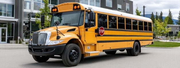 Close-up view of a yellow school bus parked in a lot with stop sign, ready for children after class