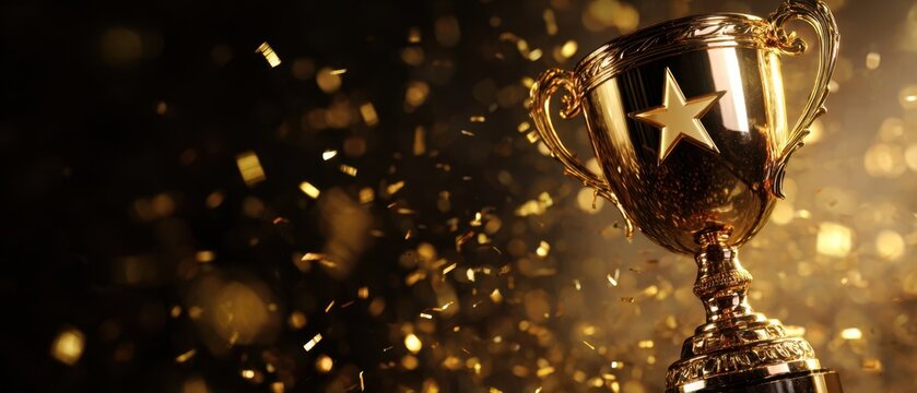 The shining gold trophy surrounded by celebratory confetti and sparkling light.