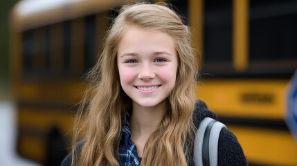 Smiling school girl stands confidently next to a yellow school bus, holding her books and wearing a backpack on her first day of high school, ready to embrace new challenges.