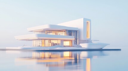 Fototapeta premium Futuristic waterfront villa with sleek design and serene reflection on the water