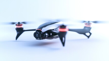 High angle shot of a modern black drone with camera on a white surface