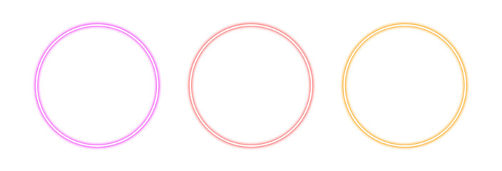 Neon circles frames isolated on transparent background. Three evenly spaced circles in light Pink, Red, Yellow, Minimalist design, color circles, PNG 