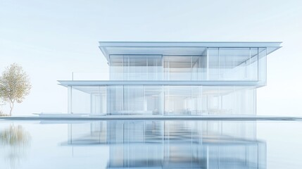 Modern architecture glass house with pool reflections, luxury living space concept