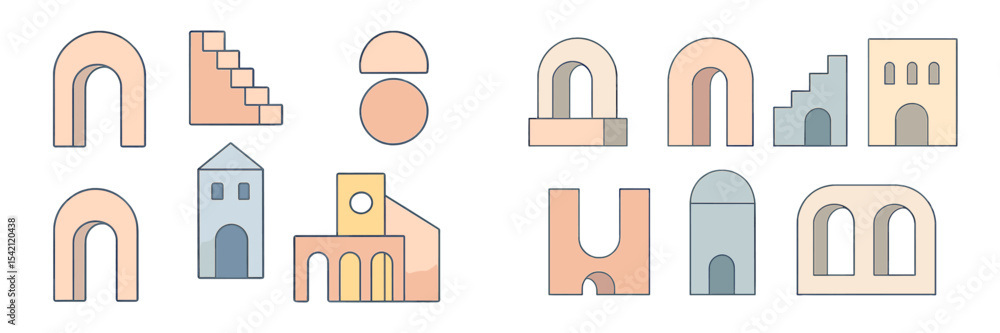 Poster colorful geometric shapes representing architectural elements in a modern design layout showing vari