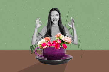 Banner creative art collage of happy girl guy stand coffee cup flower rose bloom celebration spring...