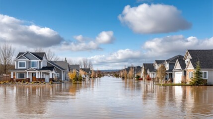 Obraz premium Devastating Flooding in Suburban Neighborhood - Climate Change Emergency