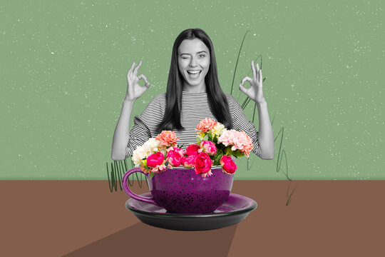 Banner creative art collage of happy girl guy stand coffee cup flower rose bloom celebration spring day cacao bliss beverage