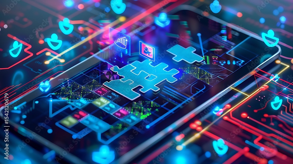 Aufkleber digital technology concept showcasing a puzzle piece interface on a mobile device.