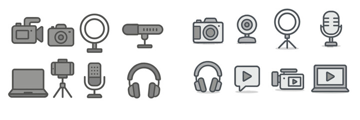 Set of various digital media and recording equipment icons suitable for online content creation or streaming setup essentials
