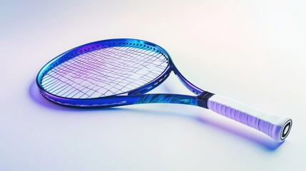 Vibrant tennis racket with neon blue and purple glow on a white surface