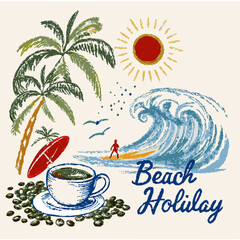 Beach Holiday Scene with Coffee, Surfboard, and Summer Elements – Vector Art

