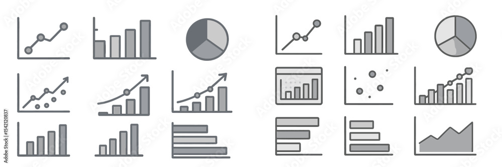 Poster various gray scale icons representing data visualization techniques and statistical graphs for analy