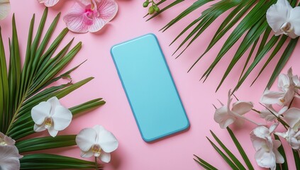 Teal Phone with Pink Orchid Background.