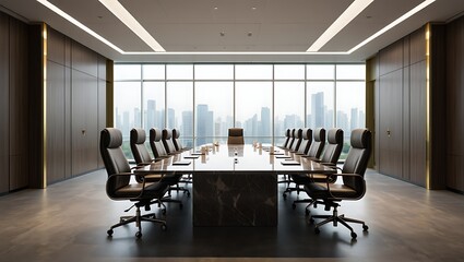Modern corporate boardroom with leather chairs and cityscape view for business meetings