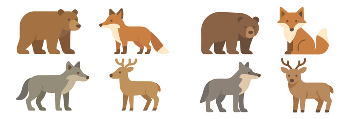 Collection of cartoon animal illustrations featuring bears, foxes, wolves, and deer in various poses and colors