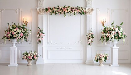 Elegant wedding decorations indoor venue floral arrangements bright and airy setting romantic atmosphere celebration concept