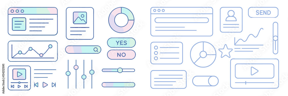 Poster user interface design elements for web applications and digital platforms showcasing modern graphics