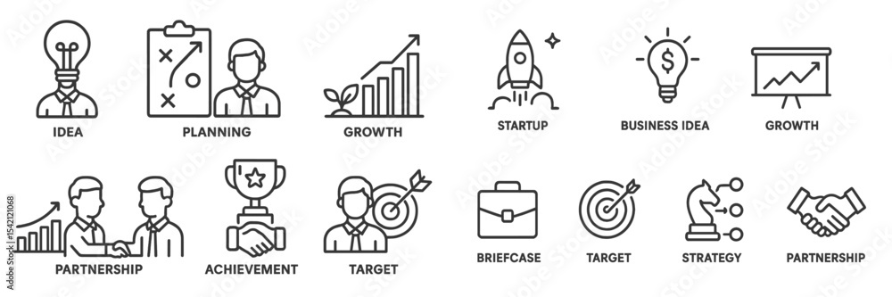 Poster exploring concepts of growth and partnership in business strategy through visual icons and symbols