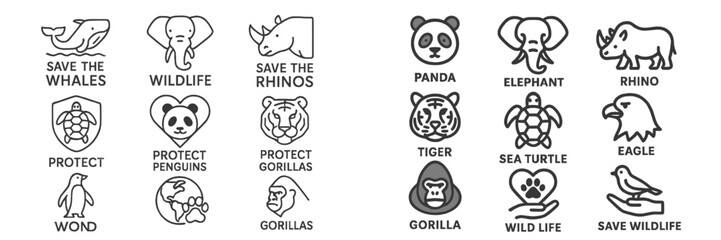 Unique animal conservation icons promoting wildlife preservation and protection of endangered species and their habitats