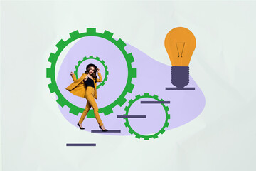 Banner 3d art pop image collage of happy businessman businesswoman climb ladder gearwheel light bulb idea finding progress