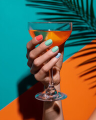 Tropical drink and colorful pastel manicure with palm shadow background