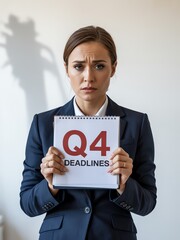 Businesswoman stressed by Q4 deadlines, holding a notepad, expressing anxiety in an office setting.