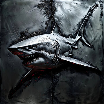 immagine di un potente grande squalo bianco inciso in metallo grezzo, image of a mighty great white shark engraved in raw metal