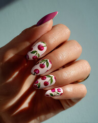 Cherry pattern nails with glossy red fruit detail and dark pink accent