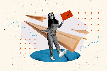 Composite artwork 3D photo collage trend template of young lady smile wear sunglasses hand hold email letter paper plane origami message