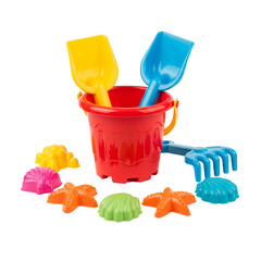 Colorful beach toys including a red bucket, yellow and blue shovels, and various sand molds in the shape of shells and stars on a transparent background.