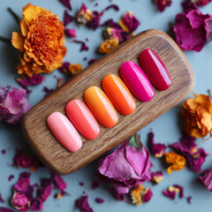 Colorful glossy press-on nails with summer palette and floral decor on wood tray