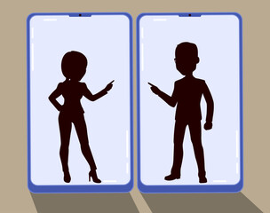 Cartoon illustration of two smartphones showing silhouettes of businesspeople angrily pointing fingers at each other. Drawing concept of online arguments, digital tension or corporate conflict on soci