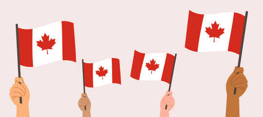 Cartoon illustration of multiple hands holding the Canadian flag. Drawing for Canada Day day holiday celebration, patriotism, community celebration or unity across cultures