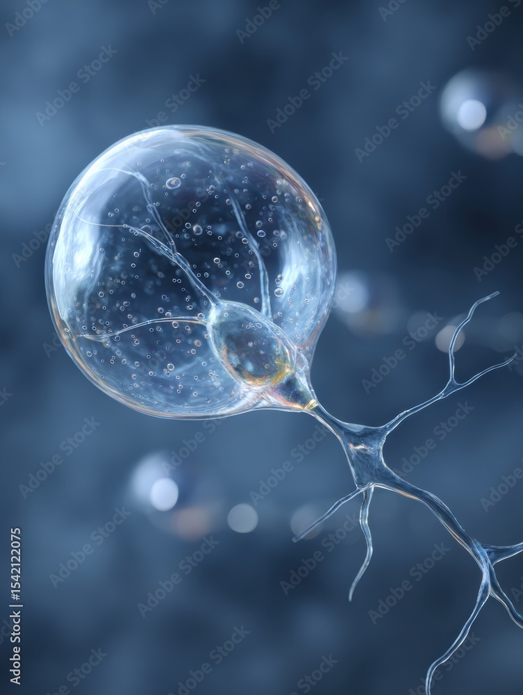 Poster floating nerve cell contained in a delicate soap bubble illustrating the concept of fragility and li