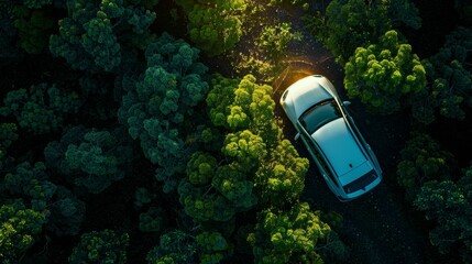 Aerial view of a car in a green forest. Eco friendly transport. Clean and greenhouse gas free green