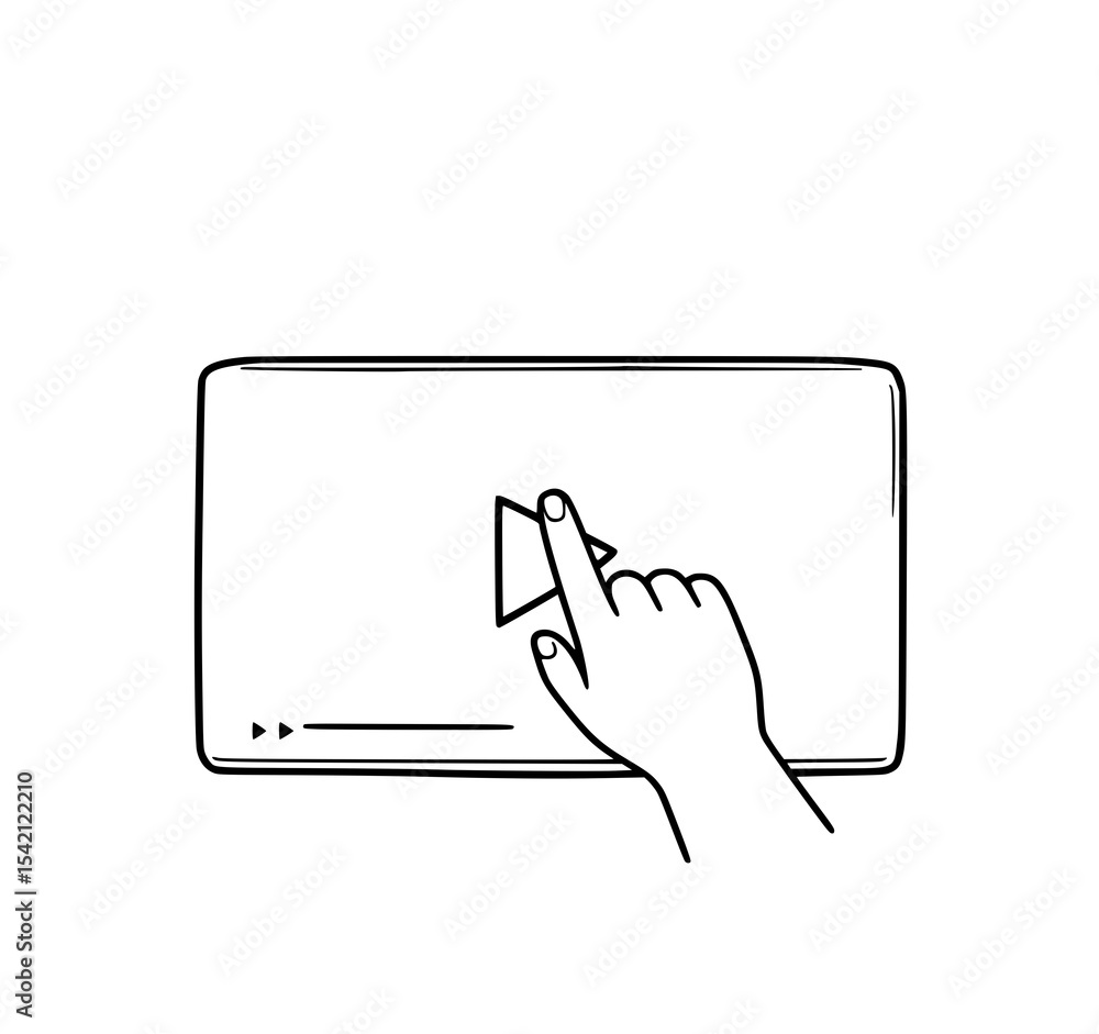 Poster hand pressing play button on screen: a simple line art illustration depicts a hand interacting with 