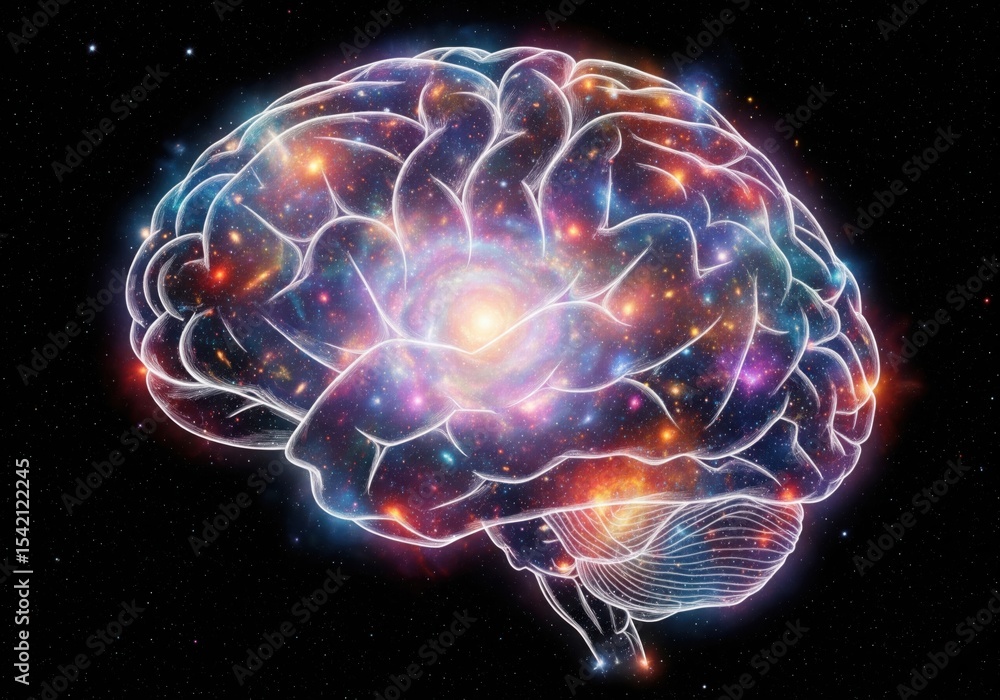 Poster universal mindscape. human intellect intertwined with the vastness of space. this vibrant representa