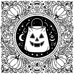 A whimsical Halloween treat bag design, encircled by pumpkins and autumnal foliage, in a black and white style.