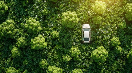 Aerial view of a car in a green forest. Eco friendly transport. Clean and greenhouse gas free green