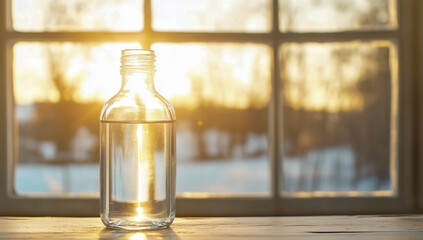 A clear glass bottle filled with still water stands on a wooden table against a backdrop of bright white window frames and soft natural daylight.