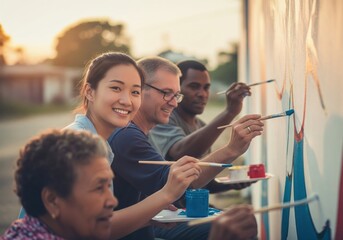 Diverse Community Mural Painting. Joyful people from varied backgrounds create vibrant wall art. This moment conveys unity, shared purpose, and a powerful communal spirit.