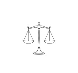 Scales of Justice: A Simple Line Art Illustration of Balanced Scales, Symbolizing Law, Fairness, and Equality in Monochrome