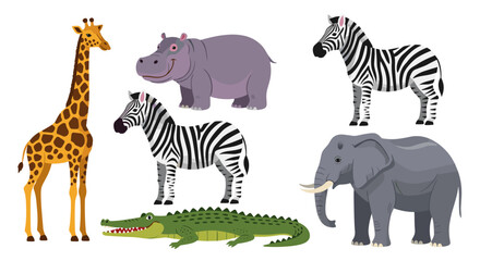 Obraz premium Illustration of a giraffe hippo zebras crocodile and elephant on white background