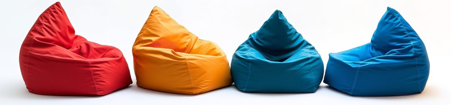 Set of Four Colorful Bean Bag Chairs Isolated on White Background &ndash; Modern Indoor Seating with No Shadows and Clean Minimal Presentation