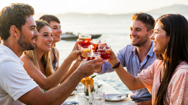 Seaside sunset moment with friends raising sangria, citrus and ice glowing, sea behind, concept of summer vacation, relaxed tourism