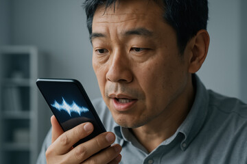 Middle aged man using smartphone voice assistant for speech recognition and communication in a modern indoor setting