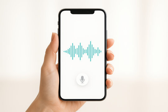 Person holding smartphone with voice assistant activated and audio waveform displayed on screen, illustrating mobile technology use