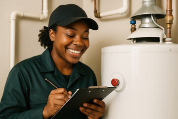 Smiling technician in uniform inspecting water heater and taking notes on clipboard during maintenance in utility room