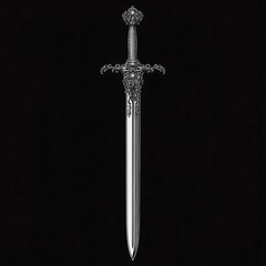 Intricate sword with a decorative hilt and elegant craftsmanship in black and white.