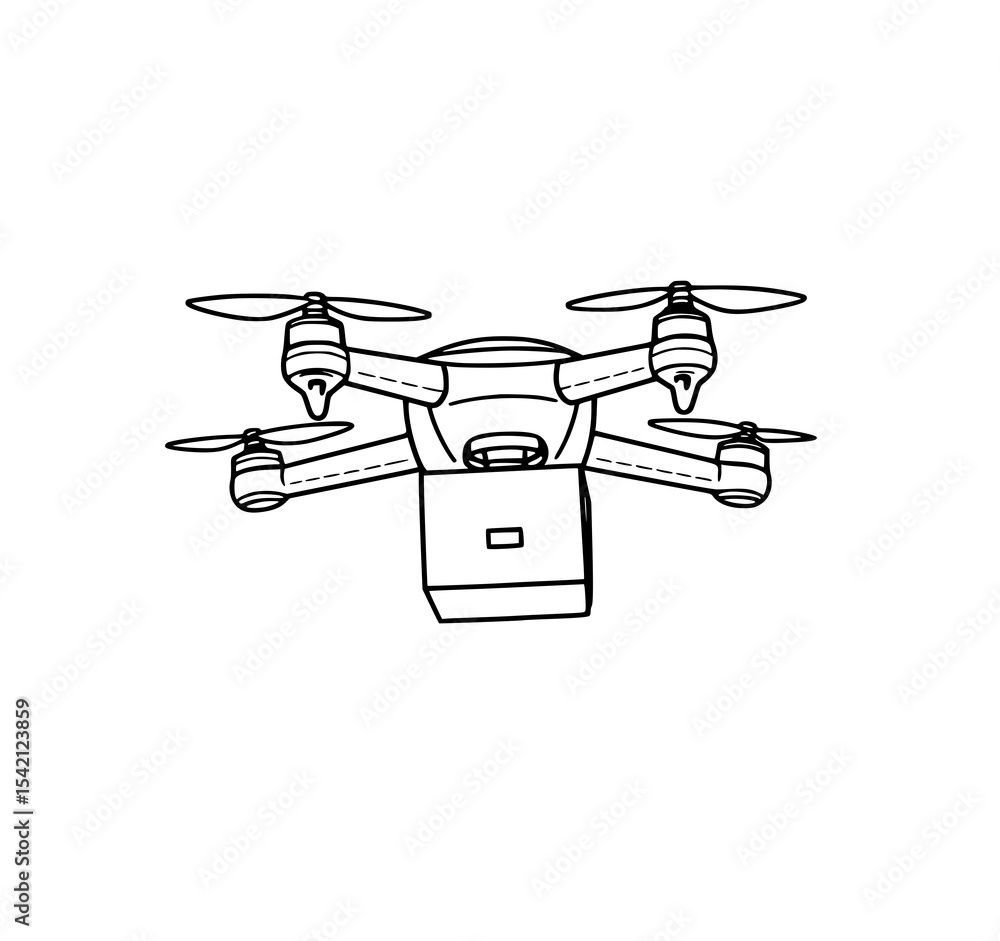 Poster drone delivery: a simple line art illustration depicts a drone carrying a package, showcasing its de